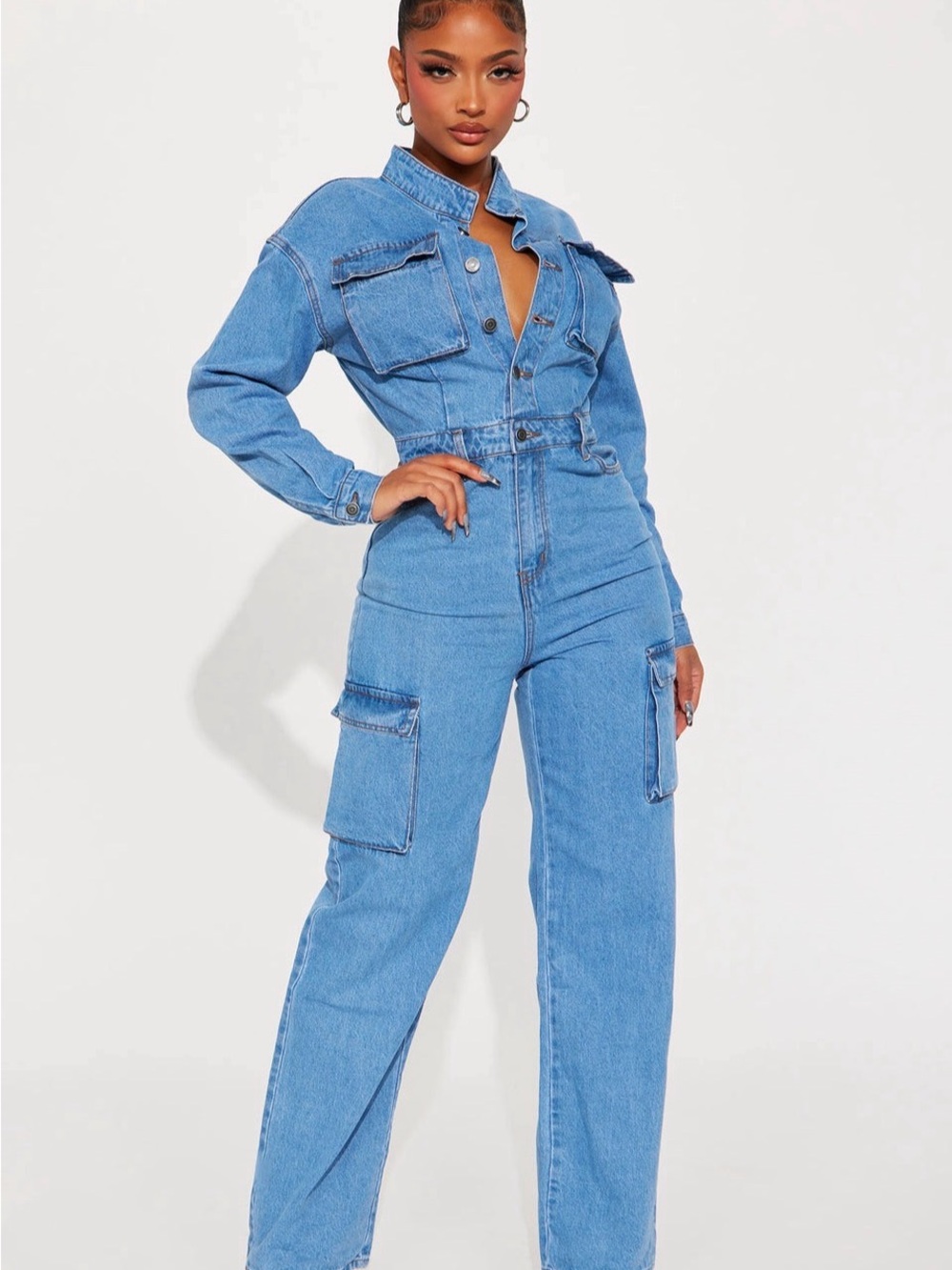 Fashion Nova Light Blue High-Waist Denim Cargo Jumpsuit
